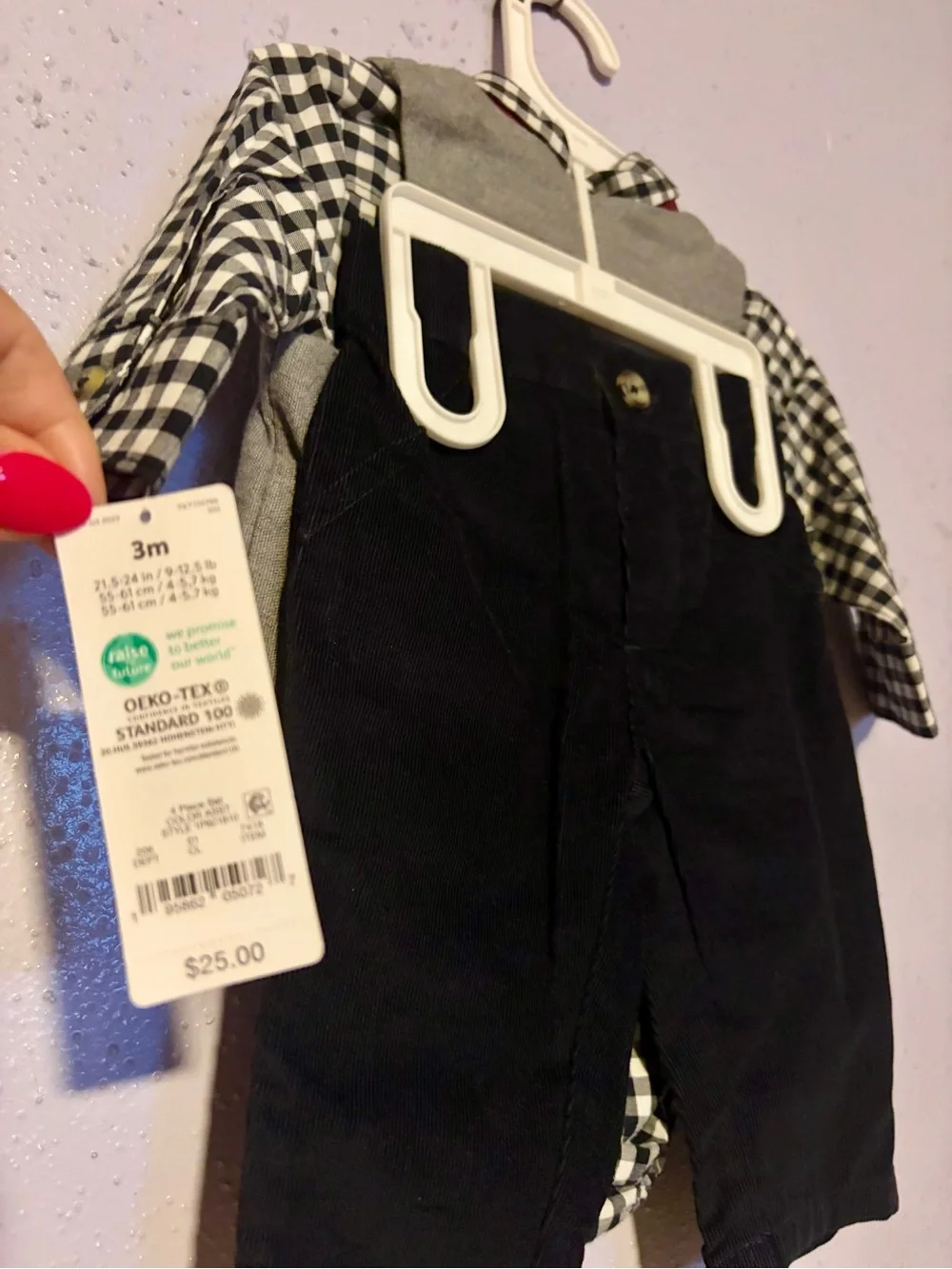 Carter's Black & White Gingham Bodysuit with Gray Vest and Red Bow Tie